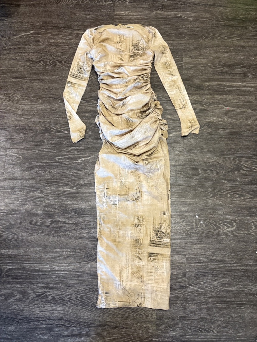 House of CB Beige Ruched Long Sleeve Maxi Dress